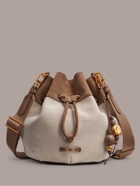 DONNA KARAN Weekend Cream Brown Canvas Shoulder Bag Bucket Bag Strap Crossbody